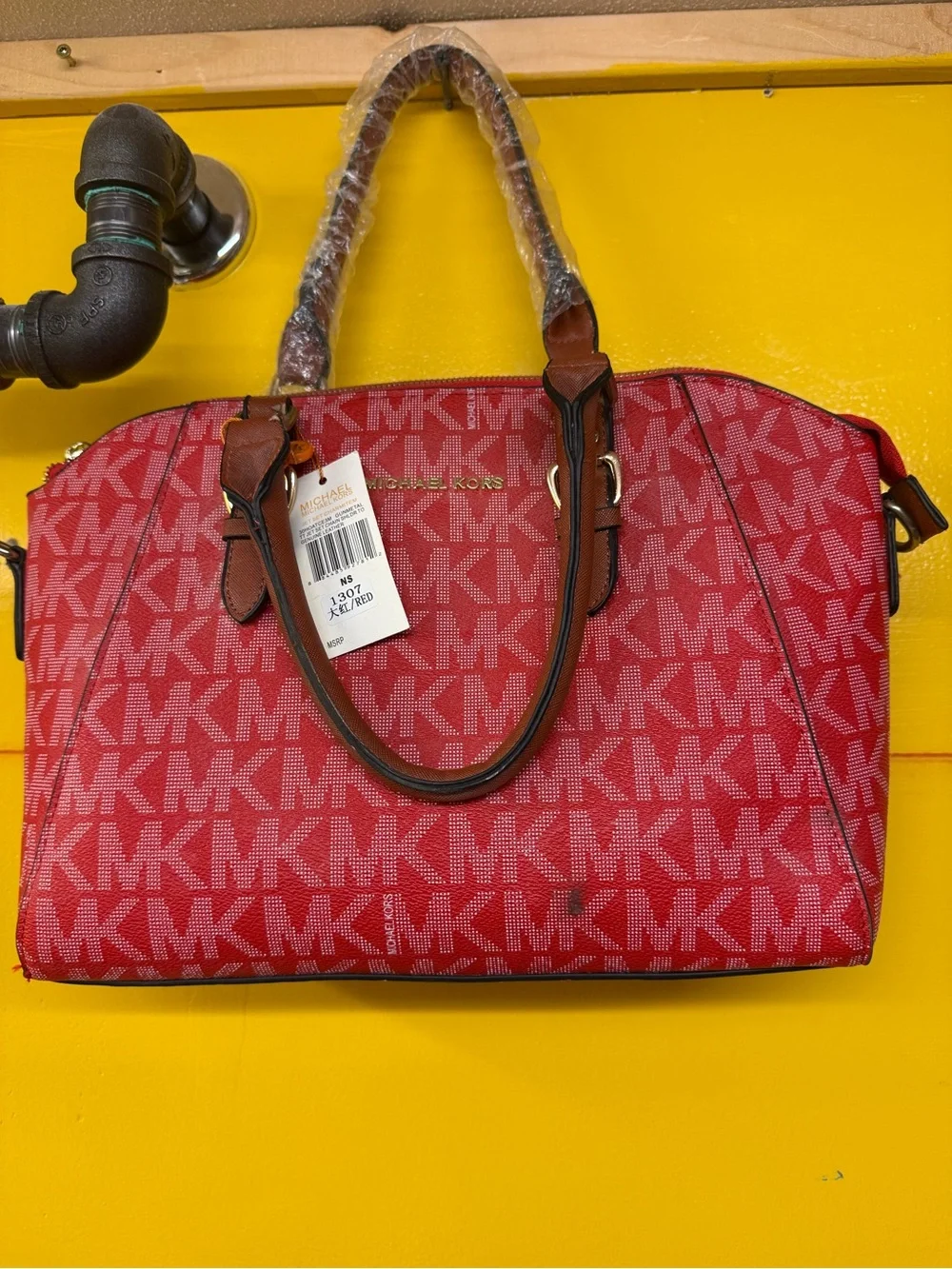 Michael Kors Red MK Monogram Satchel with Brown Handles